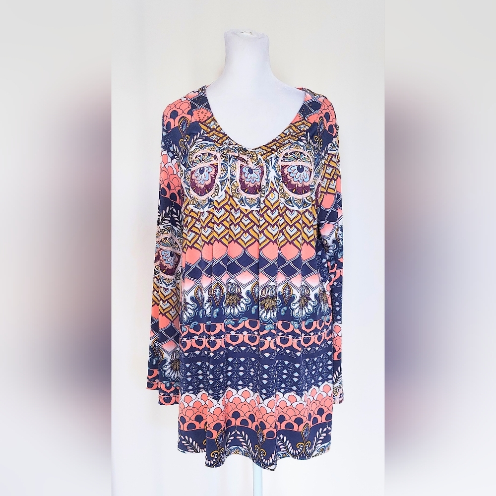 One World Pleated Front Studded V Neck Top Pink Blue Womens Large